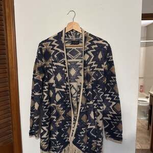 Lucky Brand Southwestern Blue Aztec Fringe Cardigan Sweater Open Front medium